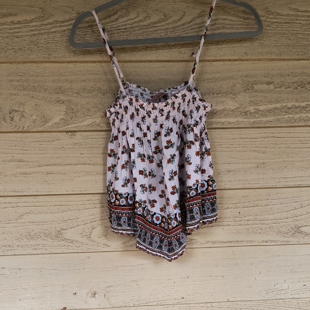 Smocked Floral Border Print Tank Top - White/Brown